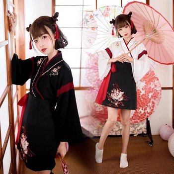 Japonų kimono pagerėjo Hanfu Han elementai juosmens liemens sijonas senovinio stiliaus Kinijos stiliaus kostiumas šviežių korėjos katė ir drabužių