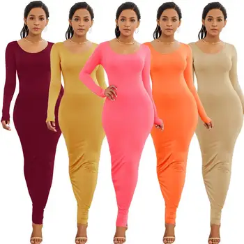 ZITY Seksuali Moteris Slim Maxi Suknelės 2020 M. Pavasarį Naujas Kieto ilgomis Rankovėmis, O ant Kaklo Ponios Paprasta Aukštos Tampri Bodycon Paketo Hip Ilgai