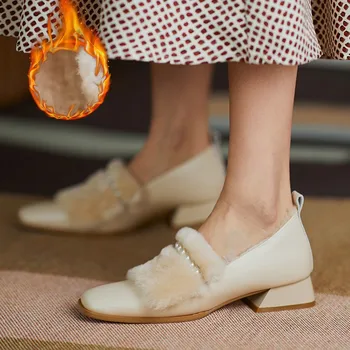 Mados moterų 2020 batai moterų rudenį off baltos natūralios odos siurbliai, šiltas vilnos kailio vidurio kulniukai ponios suknelė šalis batai perlai