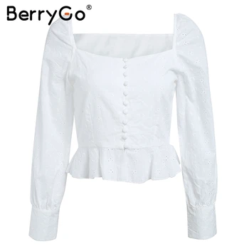 BerryGo Derliaus spausdinimo šifono palaidinė marškinėliai 2018 Kvadratinių kaklo ruffles balta trumpas viršūnes Moterų sluoksniuotos rankovėmis vasarą peplum viršuje blusas