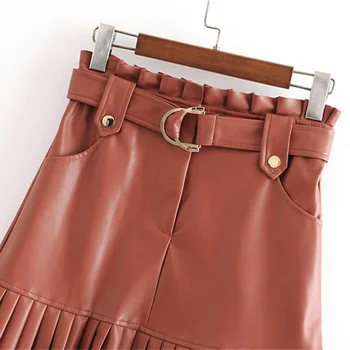Nauja mados tendencija rudenį moterų drabužiai 2019 mažas plisuotos dirbtinė oda mini-žingsnis tortas sijonas