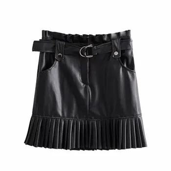 Nauja mados tendencija rudenį moterų drabužiai 2019 mažas plisuotos dirbtinė oda mini-žingsnis tortas sijonas