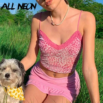 ALLNeon E-girl Y2K Hot Pink Leopard Print V-kaklo su Nėrinių Camis Viršūnes Saldus Mados Spageti Dirželis Backless Vasaros Apkarpyti Viršūnes