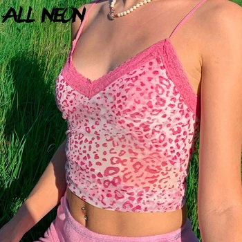 ALLNeon E-girl Y2K Hot Pink Leopard Print V-kaklo su Nėrinių Camis Viršūnes Saldus Mados Spageti Dirželis Backless Vasaros Apkarpyti Viršūnes