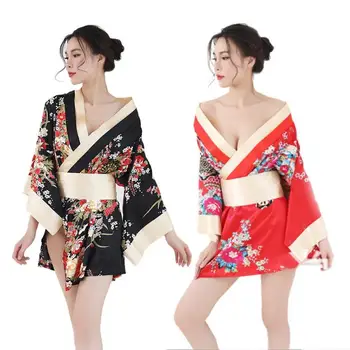 Sexy Moteris Satino Gėlių Spausdinti Kimono Naktiniai Marškinėliai Trumpas Chalatas, Vonios Sleepwear