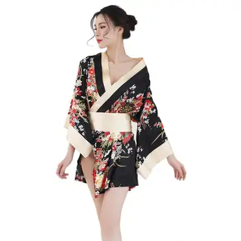 Sexy Moteris Satino Gėlių Spausdinti Kimono Naktiniai Marškinėliai Trumpas Chalatas, Vonios Sleepwear