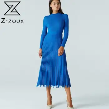 Z-zoux Moterų Suknelė ilgomis Rankovėmis Mezgimas, Plisuotos Suknelės Rožinė Mėlyna Raudona Plius Dydis Derliaus Suknelės Mezgimo Rudens Žiemos 2020 Naujas