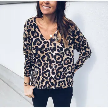 2020 Moterų V-Kaklo Palaidinukė Rudenį ilgomis Rankovėmis Atsitiktinis Leopardas Spausdinti Puloveris Mygtuką Ponios Viršūnes, T-marškinėliai, Biuro Drabužiai