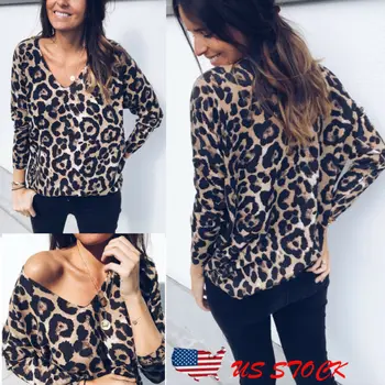 2020 Moterų V-Kaklo Palaidinukė Rudenį ilgomis Rankovėmis Atsitiktinis Leopardas Spausdinti Puloveris Mygtuką Ponios Viršūnes, T-marškinėliai, Biuro Drabužiai