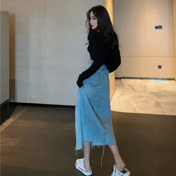 Ilgas Džinsinis Sijonas Moterims Streetwear Nereguliarus Padalinta Sijonas Harajuku Cool Atsitiktinis-Line Y2k Sijonas Moterims Korėjos Stiliaus 2020 M. Rudenį Naujų