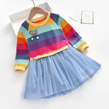 Mergaičių Suknelė 2020 M. Rudenį Naujų ilgomis Rankovėmis Vaikams Vaivorykštė Dryžuotas Megztinis Vakarų Stiliaus Kūdikių Akių Princesė Dress Rinkinys