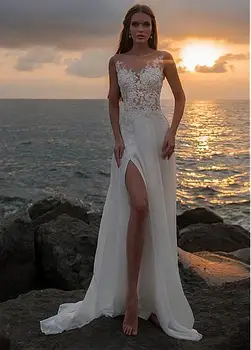 2019 Pigūs Paplūdimys Vestuvių Suknelė Be Rankovių Appliques Iliuzija Atgal Užsakymą Pagaminti Vestuvių Chalatai Padalinta Šifono Vestidos De Noiva