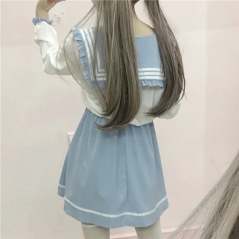 2019 Japonijos Mados Mielas Princesė Lolita Dress Moterų Minkštas Sesuo Sailor Apykaklės Siūlėmis Spalva Kawaii Helovinas Mini Suknelės
