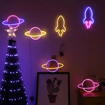 Kūrybos LED Raketų Neoninės Šviesos Sienos Meno Pasirašyti Miegamojo Puošmena Vaivorykštė Kabinti Naktį Lempos Šalies Namų, Atostogų Dekoro Kalėdų Dovana