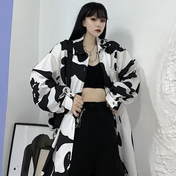 Korėjos Mados Stilius Karvė Spausdinti Negabaritinių Palaidinės Harajuku Rudenį Streetwear Prarasti Ilgomis Rankovėmis Moterų Atsitiktinis Viršūnes Mygtuką Iki Marškinėliai