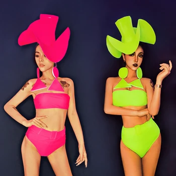 Lady Gaga Kostiumas naktiniame klube Moterų GOGO Švino Kostiumas Neoninės Spalvos Bikini Skrybėlės Scenoje Parodyti Dėvėti Rave Festivalyje Apranga 4091