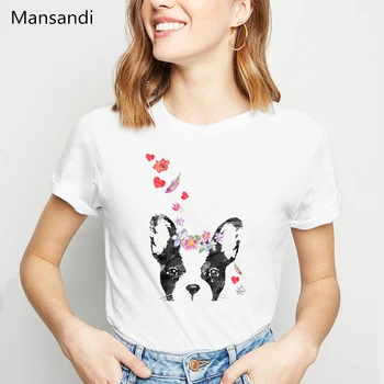Prancūzų Buldogas gėlių, gyvūnų Spausdinti marškinėliai moterims drabužių 2019 vogue juokinga marškinėlius femme harajuku marškinėliai balti moterų marškinėliai
