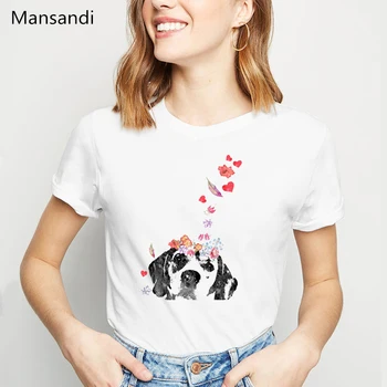 Prancūzų Buldogas gėlių, gyvūnų Spausdinti marškinėliai moterims drabužių 2019 vogue juokinga marškinėlius femme harajuku marškinėliai balti moterų marškinėliai