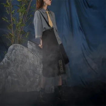 Derliaus netaisyklingos Akies susiuvimo Ilgas sijonas Moterims Rudenį Harajuku Hip-Hop Midi sijonas, Siuvinėtas suspender dizaino-line sijonas