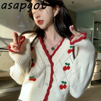 Rudenį Korėja Prašmatnus Vintage Black V Kaklo Cherry Siuvinėjimo Megztinis Švarkas Saldus Genlte Single-breasted Megztiniai Kratinys