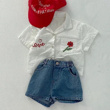 2020 metų vasaros vaikų drabužiai nauji berniukų ir mergaičių siuvinėjimo mados tėvų-vaiko kuma mygtuką atsitiktinis shirt21D759