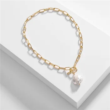Elegantiška, originali gėlavandenių perlų Vėrinį Aukso Spalvos Perjungti Užsegimas Boho Baroko Perlas Karoliai Moterims Moteriški Unikalus Dizainas