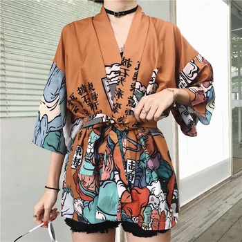 VEVEFHUANG Demon Slayer Kimonos moteris Japonų kimono megztinis cosplay marškinėliai palaidinė moterims Japonijos yukata moterų vasaros beac