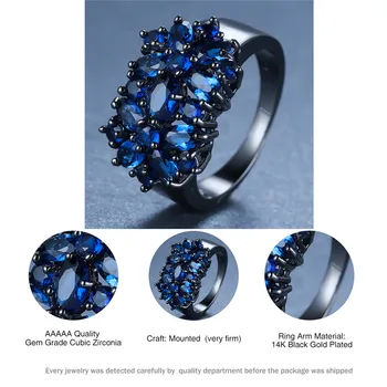 Prabanga Moterų Mėlyna Kristalų Gėlių Didelis Žiedas Derliaus 14KT Juodojo Aukso Vestuviniai Žiedai Moterims Unqiue Nuotaka Meilės Vestuvinis Žiedas