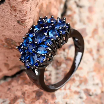 Prabanga Moterų Mėlyna Kristalų Gėlių Didelis Žiedas Derliaus 14KT Juodojo Aukso Vestuviniai Žiedai Moterims Unqiue Nuotaka Meilės Vestuvinis Žiedas