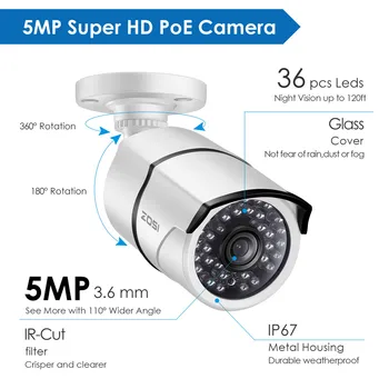 ZOSI PoE ip camera 5MP HD Lauko Vandeniui Infraraudonųjų spindulių 30m Naktinio Matymo Saugumo Vaizdo Stebėjimo