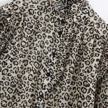 Za Viršuje Moterų 2020 M. Derliaus Leopard Pusiau-vien Gyvūnų Spausdinti Marškinėliai Moterims ilgomis Rankovėmis Aukštos Kaklo, Pynimas Apdaila Mygtuką-iki Palaidinukės