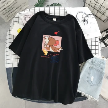 Viršūnės Kačių Tom Pelės Jerry marškinėliai moterims Harajuku Vasaros grafinis tee anime T-Shirt kawaii Cartoon moteris tshirts Moterų Negabaritinius