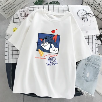 Viršūnės Kačių Tom Pelės Jerry marškinėliai moterims Harajuku Vasaros grafinis tee anime T-Shirt kawaii Cartoon moteris tshirts Moterų Negabaritinius