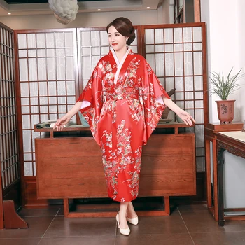 Moteris Spausdinti Gėlių Yukata Su Obi Cosplay Kostiumas Ilgas Satino Etapo Rezultatus Drabužių Japonų Kimono Stiliaus Chalatas Suknelė