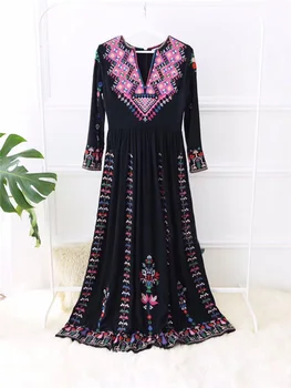 Boho Įkvėpė gėlių folkloro siuvinėjimo ilgai boho suknelė nerti juoda ilgomis rankovėmis Pavasario vasaros suknelė moterų apdaras vestidos