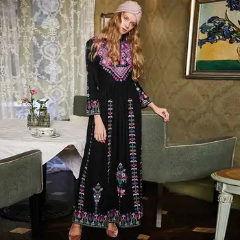 Boho Įkvėpė gėlių folkloro siuvinėjimo ilgai boho suknelė nerti juoda ilgomis rankovėmis Pavasario vasaros suknelė moterų apdaras vestidos