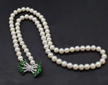 Gėlavandenių perlų balta turas + žalia cirkonis užsegimas 6-7mm AA karoliai 22inch didmeninė karoliukai pobūdžio FPPJ moteris
