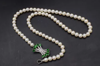 Gėlavandenių perlų balta turas + žalia cirkonis užsegimas 6-7mm AA karoliai 22inch didmeninė karoliukai pobūdžio FPPJ moteris