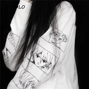 NYOOLO dizainas Paprastas Anime simbolių spausdinti marškinėliai, topai moterys vyrai Harajuku streetwear ilgomis rankovėmis O-kaklo hip-hop t-shirt