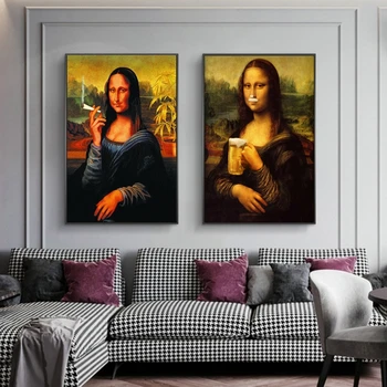Juokinga Meno Mona Lisa Gerti ir Rūkyti Drobė Paveikslų, Plakatų ir grafikos Da Vinci Garsaus Sienos Menas Nuotraukas, Namų Dekoro