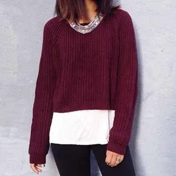 Rudenį, žiemą moterims megztiniai ir puloveriai) su ilgomis rankovėmis atsitiktinis derliaus megztinis plonas Gryna spalva trumpas dalyje megztinis mielas megztinis