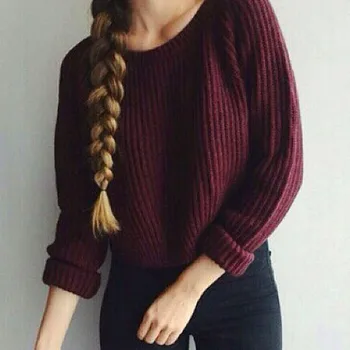 Rudenį, žiemą moterims megztiniai ir puloveriai) su ilgomis rankovėmis atsitiktinis derliaus megztinis plonas Gryna spalva trumpas dalyje megztinis mielas megztinis