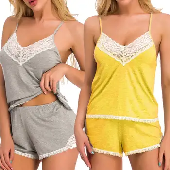 Moterų pižama kostiumas seksualus nėriniai susiuvimo apatiniai satino kamufliažas šortai kostiumas Sleepwear Rinkinys