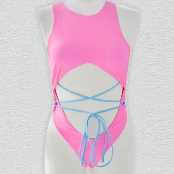 Peachtan Rožinė vientisi maudymosi kostiumėlį moterų 2020 m. Tuščiaviduriai iš bodysuits monokini Tvarstis maudymosi kostiumėliai moterims, Aukštos sumažinti besimaudančių maudymosi kostiumas