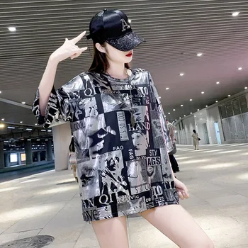 Laisvi marškinėliai Moterims Vasaros Naujos Honkongo Stiliaus Blizga Europos trumparankoviai Moterų Vidutinio Ilgio moteriški marškinėliai Atsitiktinis Raidė