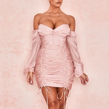 2020 Naujų Suknelių Klubo Šalis Suknelė Rudens Žiemos Off Pečių Mini Suknelė Priekyje, Raišteliu Seksualus Velniop Kaklo, Ilgomis Rankovėmis Moterims Rožinė