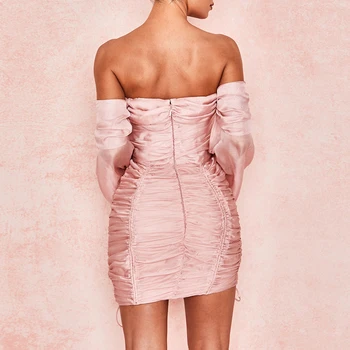 2020 Naujų Suknelių Klubo Šalis Suknelė Rudens Žiemos Off Pečių Mini Suknelė Priekyje, Raišteliu Seksualus Velniop Kaklo, Ilgomis Rankovėmis Moterims Rožinė