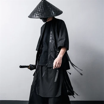 Japonijos Tradicinių Kimono Megztinis Juodas Medvilnės Mados Etape Haori Samurajus Cosplay Kostiumai, Kinų Stiliaus Kailis Streetwear