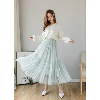 Korėjos Stiliaus Rožinės spalvos Tiulio Sijonas Moterims, Plisuotos Midi Akių Sijonai Faldas Mujer Moda Ilgi Sijonai, Moteriški Maxi Sijonas