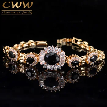 CWWZircons Elegantiškas Gėlių Formos Grandinės Nuorodą Šviesiai Geltonos Aukso Spalvos CZ Black Crystal Akmens Apyrankės, Bangles Moterų CB072